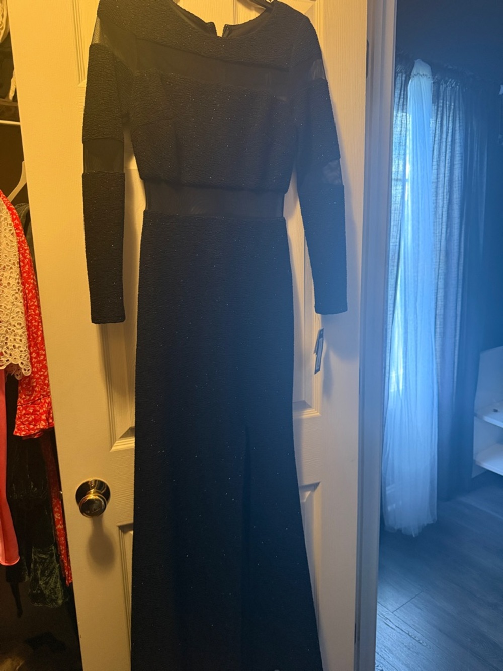 Long Sleeve Navy Evening Maxi Dress with Subtle Shimmer